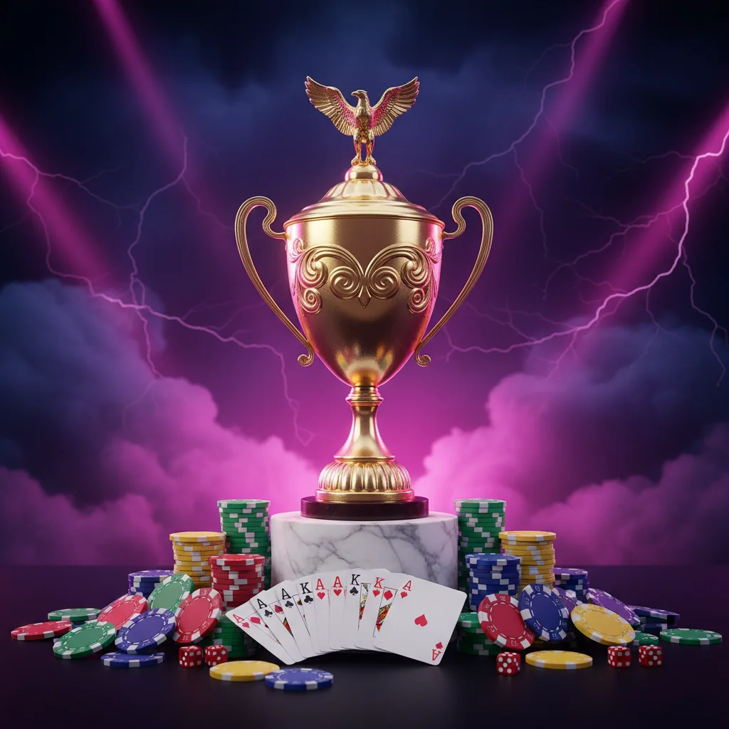 Χρυσό τρόπαιο με μάρκες πόκερ και τράπουλα — κριτική NV Casino