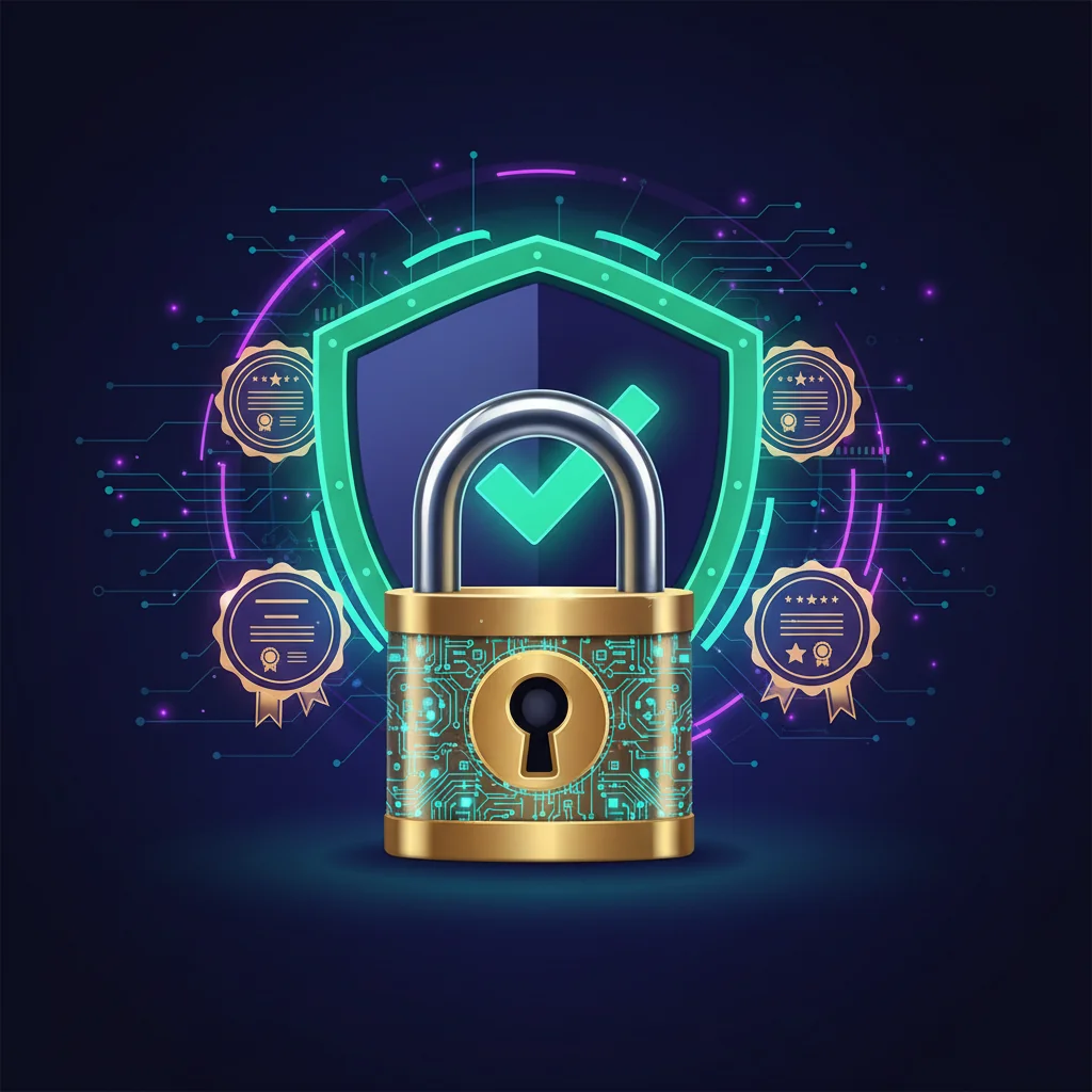 Λουκέτο και ψηφιακή ασπίδα με πιστοποιητικά — ασφάλεια καζίνο