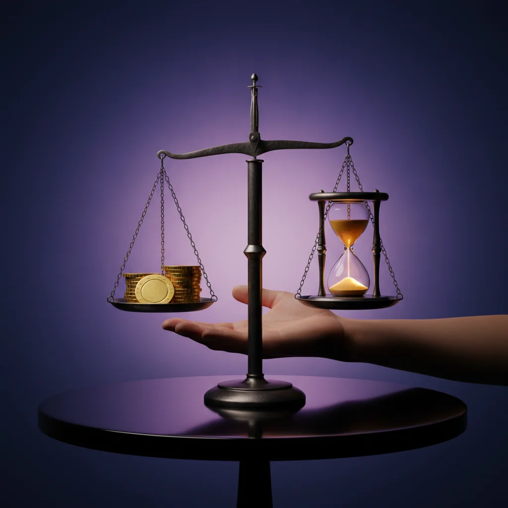 Ζυγαριά με νομίσματα και κλεψύδρα — χρόνος vs αξία ανάληψης