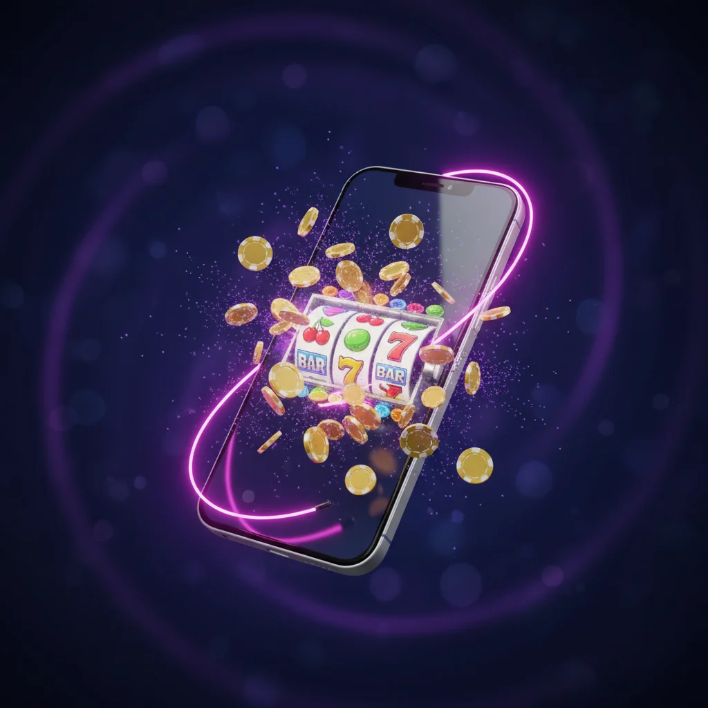 Smartphone με slot machine και χρυσά νομίσματα — NV Casino app